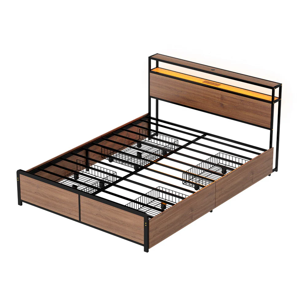 Artiss Metal Bed Frame Double Size LED Storage Headboard USB Charge 4 Drawers - Image 2