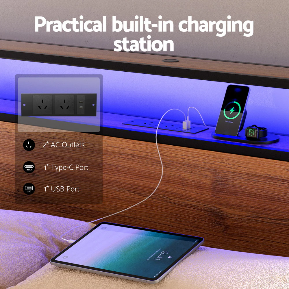 Artiss Metal Bed Frame Double Size LED Storage Headboard USB Charge 4 Drawers - Image 5