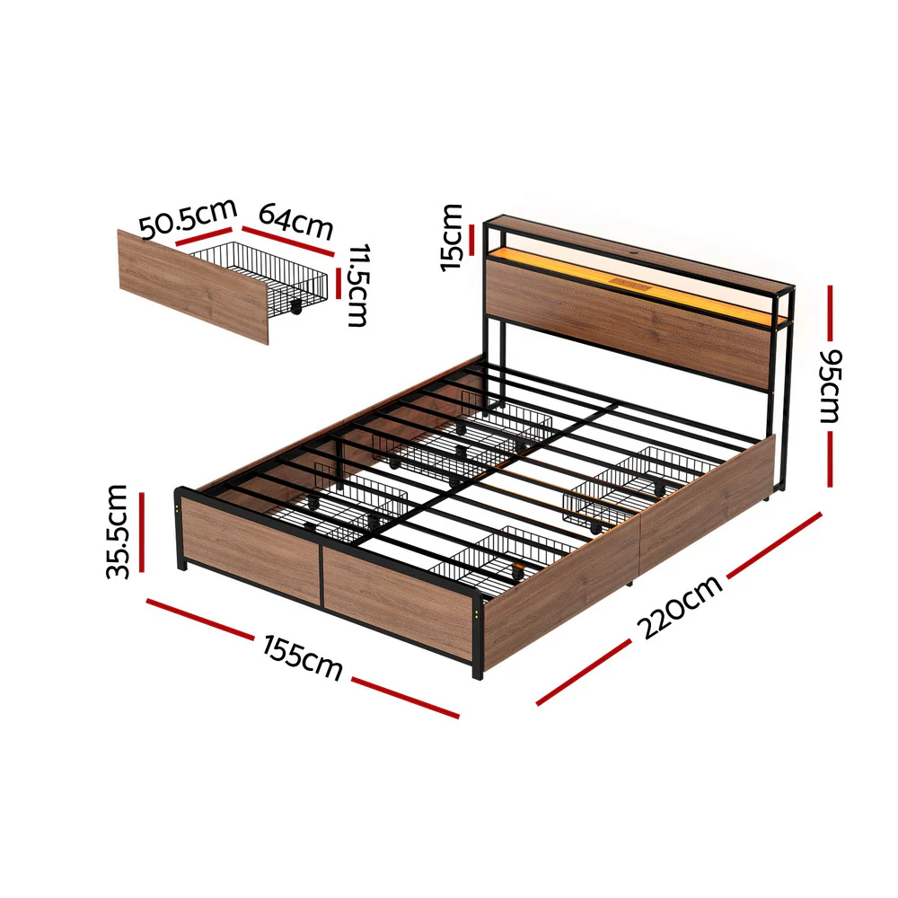 Artiss Metal Bed Frame Queen Size LED Storage Headboard USB Charge 4 Drawers - Image 3
