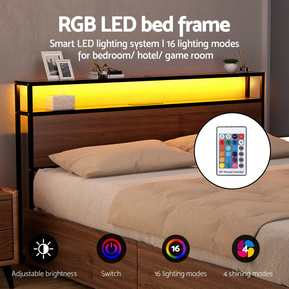 Artiss Metal Bed Frame Queen Size LED Storage Headboard USB Charge 4 Drawers - Image 6