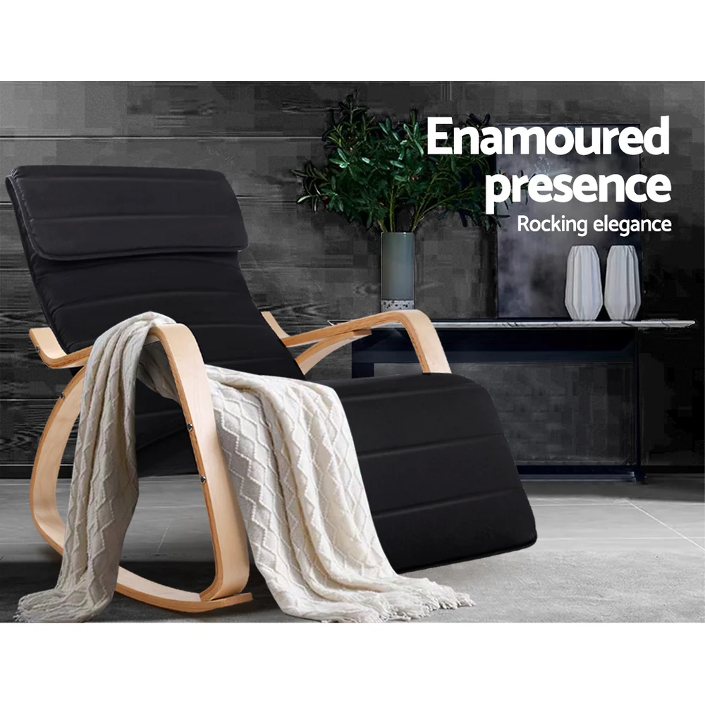 Artiss Rocking Armchair Bentwood Frame With Footrest Black Afton - Image 4