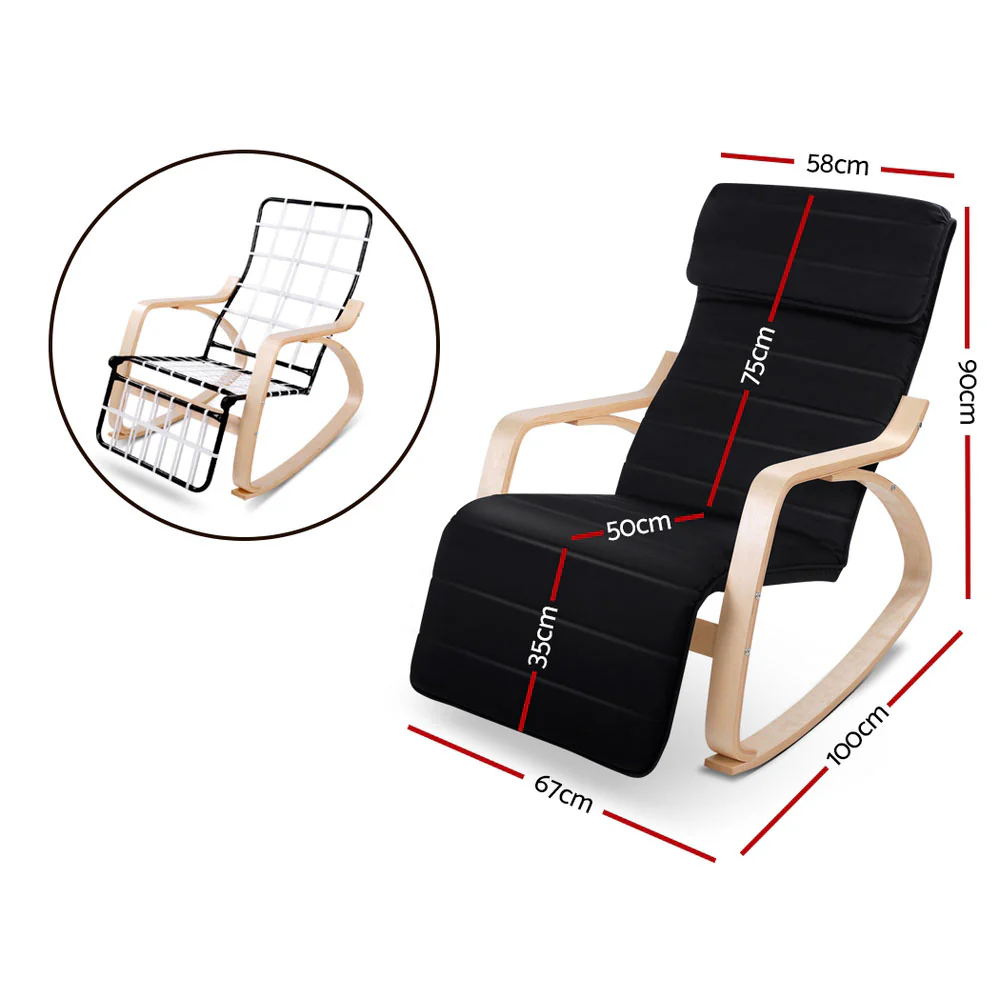 Artiss Rocking Armchair Bentwood Frame With Footrest Black Afton - Image 7