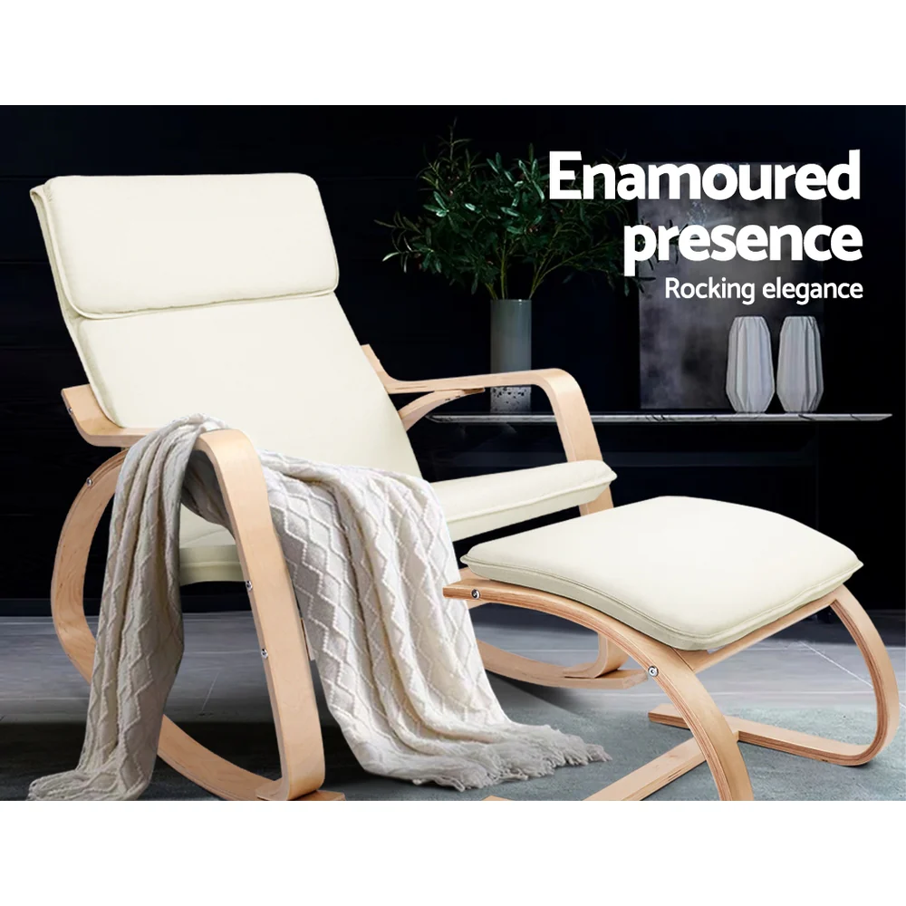 Artiss Rocking Armchair Bentwood Frame With Foot Stool Beige - Image 3