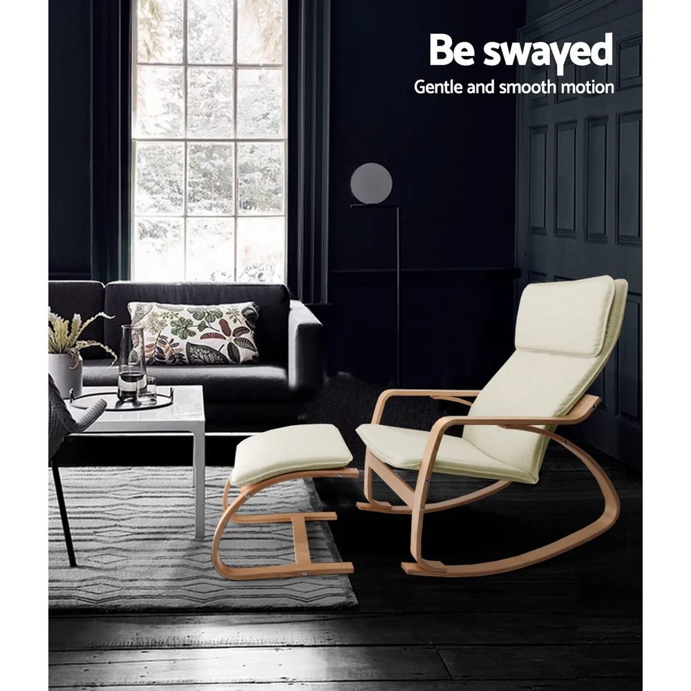 Artiss Rocking Armchair Bentwood Frame With Foot Stool Beige - Image 6